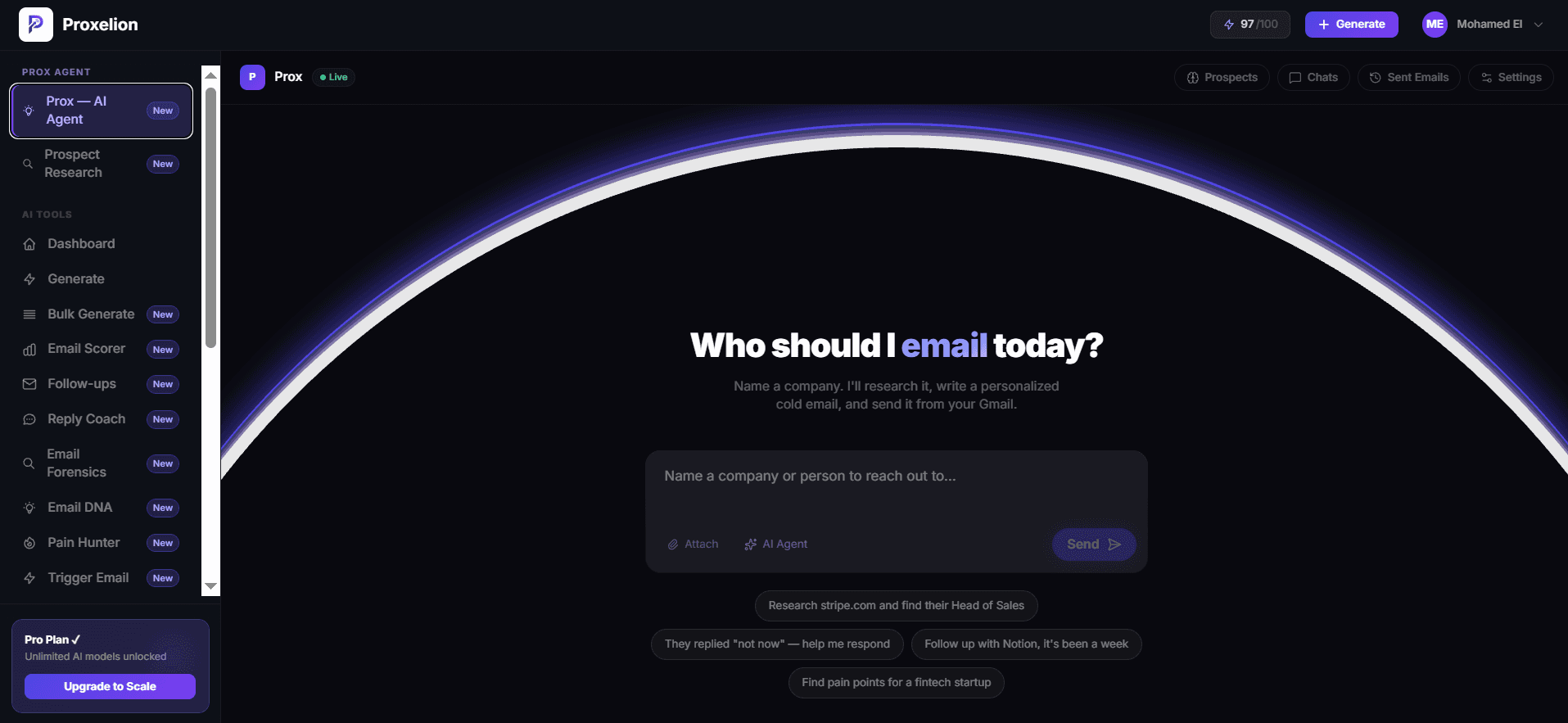 Proxelion dashboard — your AI SDR at work